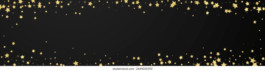 Magic stars vector overlay.  Gold stars scattered around randomly, falling down, floating.  Chaotic dreamy childish overlay template. Miraculous starry night vector  on black background.