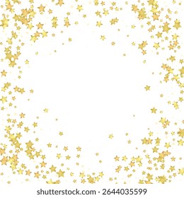 Magische sterren vectorbedekking.  Gouden sterren verspreidden zich willekeurig, vielen naar beneden, zweven.  Chaotische dromerige kinderachtige overlay sjabloon. Betoverende vector met magische sterren op een witte achtergrond.