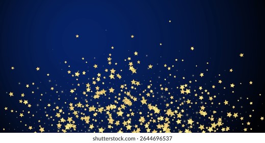 Magic stars vector overlay.  Gold stars scattered around randomly, falling down, floating.  Chaotic dreamy childish overlay template. Magical cartoon night sky on dark blue background.
