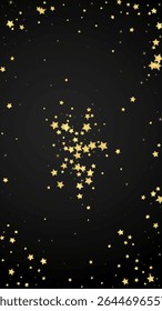 Magic stars vector overlay.  Gold stars scattered around randomly, falling down, floating.  Chaotic dreamy childish overlay template. Vector fairytale  on black background.
