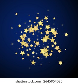 Magic stars vector overlay.  Gold stars scattered around randomly, falling down, floating.  Chaotic dreamy childish overlay template. Miraculous starry night vector  on dark blue background.