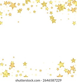 Magic stars vector overlay.  Gold stars scattered around randomly, falling down, floating.  Chaotic dreamy childish overlay template. Enchanting vector with magic stars on white background.