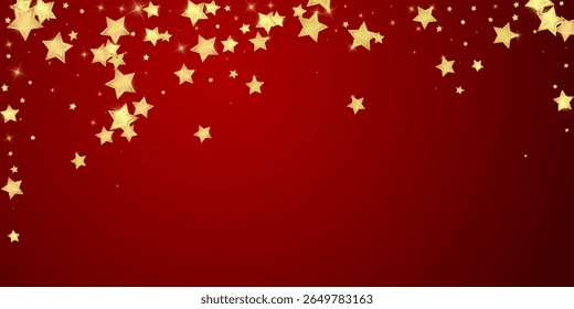 Magic stars vector overlay.  Gold stars scattered around randomly, falling down, floating.  Chaotic dreamy childish overlay template. Miraculous starry night vector  on red background.