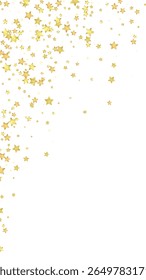 Sobreposição vetorial de estrelas mágicas.  Estrelas de ouro espalhadas aleatoriamente, caindo, flutuando.  Modelo caótico de sobreposição infantil sonhador. Sobreposição de magia vetorial sobre fundo branco.