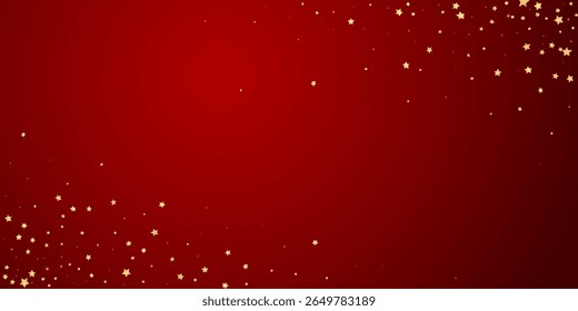 Superposición de Vector de estrellas mágicas.  Estrellas de oro esparcidas al azar, cayendo, flotando.  Caótica Plantilla infantil de ensueño. Vector encantador con estrellas mágicas sobre fondo rojo.
