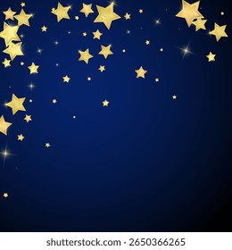 Superposición de Vector de estrellas mágicas.  Estrellas de oro esparcidas al azar, cayendo, flotando.  Caótica Plantilla infantil de ensueño. Cuento de hadas de Vector sobre fondo azul oscuro.