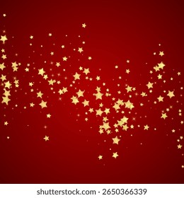 Magic stars vector overlay.  Gold stars scattered around randomly, falling down, floating.  Chaotic dreamy childish overlay template. Magical cartoon night sky on red background.