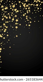 Magic stars vector overlay. Gold stars scattered around randomly, falling down, floating. Chaotic dreamy childish overlay template. Enchanting vector with magic stars on black background.