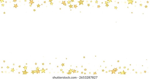 Magic stars vector overlay.  Gold stars scattered around randomly, falling down, floating.  Chaotic dreamy childish overlay template. Enchanting vector with magic stars on white background.
