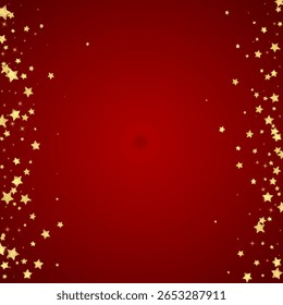 Zaubersterne, Vektorüberlagerung.  Goldsterne verstreut zufällig, herunterfallend, schwebend.  Chaotisch verträumt kindischen Overlay-Vorlage. Vektormärchen auf rotem Hintergrund.
