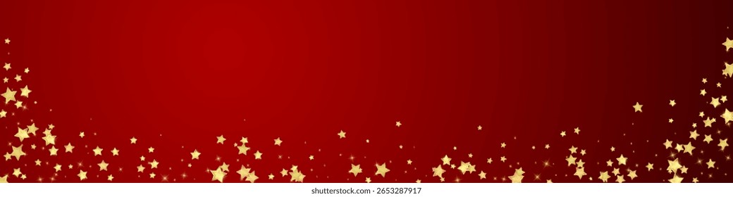 Superposición de Vector de estrellas mágicas.  Estrellas de oro esparcidas al azar, cayendo, flotando.  Caótica Plantilla infantil de ensueño. Vector encantador con estrellas mágicas sobre fondo rojo.