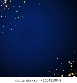 Magic stars vector overlay.  Gold stars scattered around randomly, falling down, floating.  Chaotic dreamy childish overlay template. Vector magic overlay  on dark blue background.
