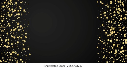 Superposición de Vector de estrellas mágicas.  Estrellas de oro esparcidas al azar, cayendo, flotando.  Plantilla infantil de superposición de ensueño caótico. sobre fondo negro.