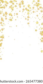 Superposición de Vector de estrellas mágicas.  Estrellas de oro esparcidas al azar, cayendo, flotando.  Caótica Plantilla infantil de ensueño. Milagroso Vector de noche estrellado sobre fondo blanco.