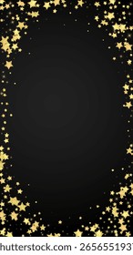 Superposición de Vector de estrellas mágicas.  Estrellas de oro esparcidas al azar, cayendo, flotando.  Plantilla infantil de superposición de ensueño caótico. sobre fondo negro.
