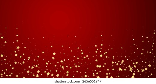 Superposición de Vector de estrellas mágicas.  Estrellas de oro esparcidas al azar, cayendo, flotando.  Caótica Plantilla infantil de ensueño. Superposición mágica de Vector sobre fondo rojo.