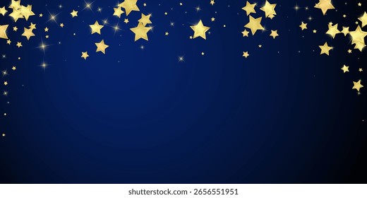 Sobreposição vetorial de estrelas mágicas.  Estrelas de ouro espalhadas aleatoriamente, caindo, flutuando.  Modelo caótico de sobreposição infantil sonhador. Mágico desenho animado céu noturno no fundo azul escuro.