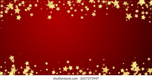 Superposición de Vector de estrellas mágicas.  Estrellas de oro esparcidas al azar, cayendo, flotando.  Caótica Plantilla infantil de ensueño. Milagroso Vector de noche estrellado sobre fondo rojo.