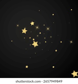 Superposición de Vector de estrellas mágicas.  Estrellas de oro esparcidas al azar, cayendo, flotando.  Caótica Plantilla infantil de ensueño. Milagroso Vector de noche estrellado sobre fondo negro.