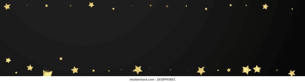 Superposición de Vector de estrellas mágicas.  Estrellas de oro esparcidas al azar, cayendo, flotando.  Caótica Plantilla infantil de ensueño. Milagroso Vector de noche estrellado sobre fondo negro.