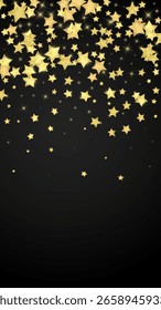 Superposición de Vector de estrellas mágicas.  Estrellas de oro esparcidas al azar, cayendo, flotando.  Caótica Plantilla infantil de ensueño. Milagroso Vector de noche estrellado sobre fondo negro.