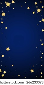 Superposición de Vector de estrellas mágicas.  Estrellas de oro esparcidas al azar, cayendo, flotando.  Caótica Plantilla infantil de ensueño. Vector mágico superpuesto sobre fondo azul oscuro.