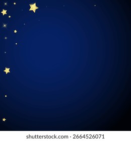 Magic stars vector overlay.  Gold stars scattered around randomly, falling down, floating.  Chaotic dreamy childish overlay template. on dark blue background.
