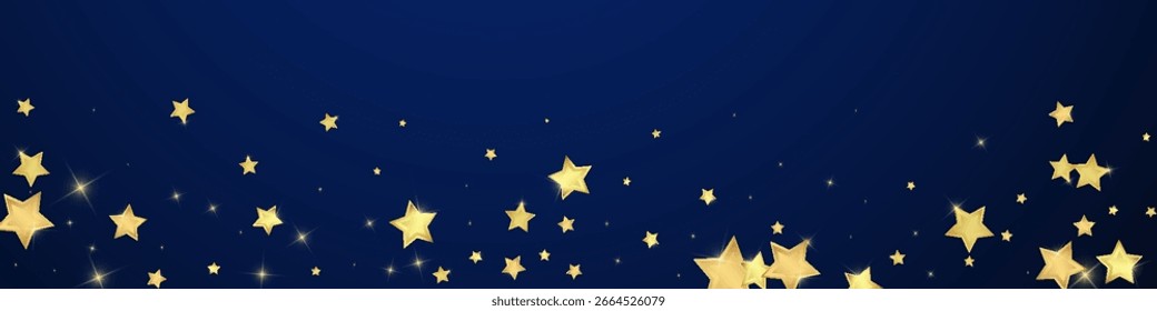 Magic stars vector overlay.  Gold stars scattered around randomly, falling down, floating.  Chaotic dreamy childish overlay template. Enchanting vector with magic stars on dark blue background.
