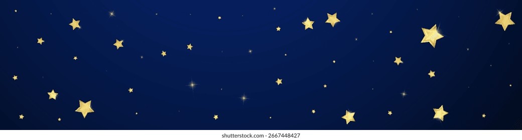 Superposición de Vector de estrellas mágicas.  Estrellas de oro esparcidas al azar, cayendo, flotando.  Caótica Plantilla infantil de ensueño. Vector mágico superpuesto sobre fondo azul oscuro.