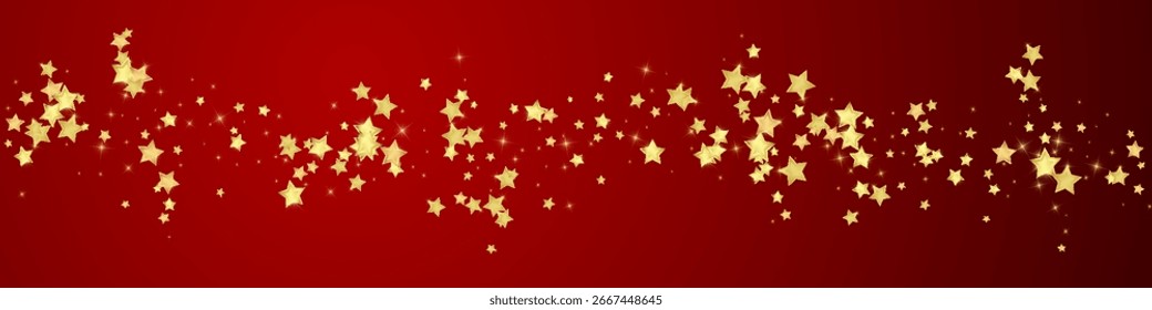 Superposición de Vector de estrellas mágicas.  Estrellas de oro esparcidas al azar, cayendo, flotando.  Caótica Plantilla infantil de ensueño. Milagroso Vector de noche estrellado sobre fondo rojo.