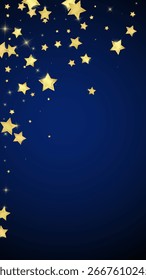 Superposición de Vector de estrellas mágicas.  Estrellas de oro esparcidas al azar, cayendo, flotando.  Caótica Plantilla infantil de ensueño. Milagroso Vector de noche estrellado sobre fondo azul oscuro.