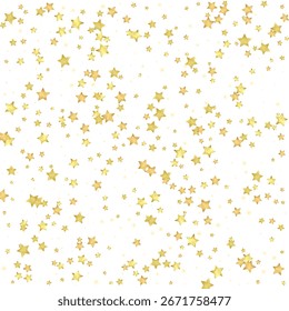 Magic stars vector overlay.  Gold stars scattered around randomly, falling down, floating.  Chaotic dreamy childish overlay template. Enchanting vector with magic stars on white background.