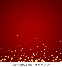 Superposición de Vector de estrellas mágicas.  Estrellas de oro esparcidas al azar, cayendo, flotando.  Caótica Plantilla infantil de ensueño. Milagroso Vector de noche estrellado sobre fondo rojo.