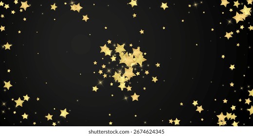 Magic stars vector overlay.  Gold stars scattered around randomly, falling down, floating.  Chaotic dreamy childish overlay template. on black background.