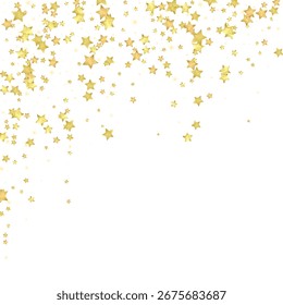 Sobreposição vetorial de estrelas mágicas. Estrelas de ouro espalhadas aleatoriamente, caindo, flutuando. Modelo caótico de sobreposição infantil sonhador. Conto de fadas vetorial sobre fundo branco.