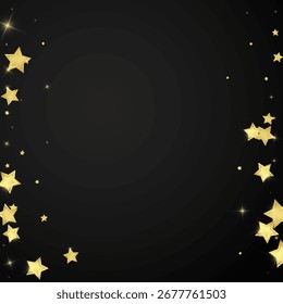 Superposición de Vector de estrellas mágicas.  Estrellas de oro esparcidas al azar, cayendo, flotando.  Plantilla infantil de superposición de ensueño caótico. sobre fondo negro.