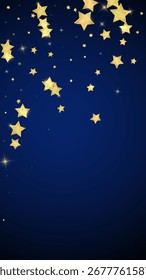 Sobreposição vetorial de estrelas mágicas.  Estrelas de ouro espalhadas aleatoriamente, caindo, flutuando.  Modelo caótico de sobreposição infantil sonhador. Conto de fadas vetorial sobre fundo azul escuro.