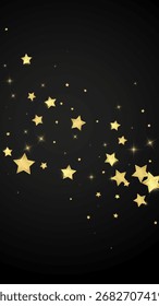 Superposición de Vector de estrellas mágicas.  Estrellas de oro esparcidas al azar, cayendo, flotando.  Caótica Plantilla infantil de ensueño. Vector mágico superpuesto sobre fondo negro.