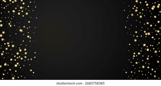 Superposición de Vector de estrellas mágicas.  Estrellas de oro esparcidas al azar, cayendo, flotando.  Caótica Plantilla infantil de ensueño. Cuento de hadas de Vector sobre fondo negro.