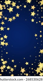 Sobreposição vetorial de estrelas mágicas.  Estrelas de ouro espalhadas aleatoriamente, caindo, flutuando.  Modelo caótico de sobreposição infantil sonhador. Conto de fadas vetorial sobre fundo azul escuro.