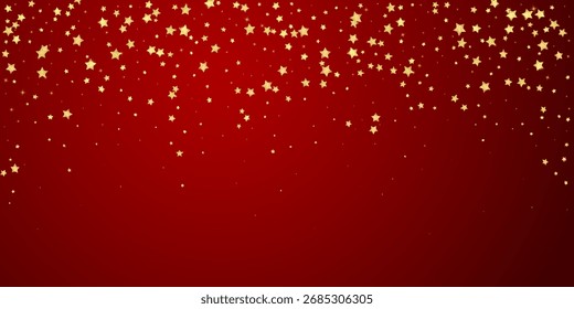 Superposición de Vector de estrellas mágicas.  Estrellas de oro esparcidas al azar, cayendo, flotando.  Caótica Plantilla infantil de ensueño. Superposición mágica de Vector sobre fondo rojo.