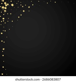 Sobreposição vetorial de estrelas mágicas.  Estrelas de ouro espalhadas aleatoriamente, caindo, flutuando.  Modelo caótico de sobreposição infantil sonhador. Conto de fadas vetorial sobre fundo preto.