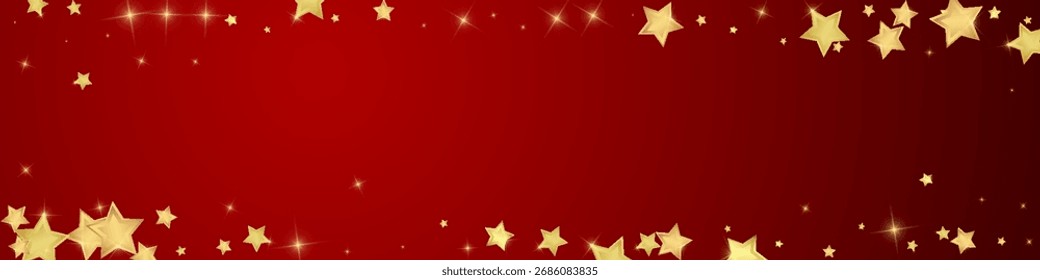 Sobreposição vetorial de estrelas mágicas.  Estrelas de ouro espalhadas aleatoriamente, caindo, flutuando.  Modelo caótico de sobreposição infantil sonhador. Conto de fadas vetorial sobre fundo vermelho.