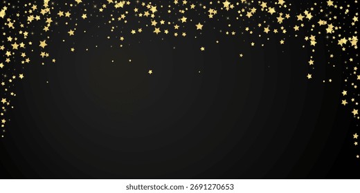 Magic stars vector overlay.  Gold stars scattered around randomly, falling down, floating.  Chaotic dreamy childish overlay template. Vector fairytale  on black background.