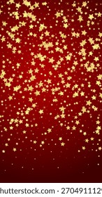 Superposición de Vector de estrellas mágicas.  Estrellas de oro esparcidas al azar, cayendo, flotando.  Caótica Plantilla infantil de ensueño. Cuento de hadas de Vector sobre fondo rojo.