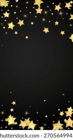 Magic stars vector overlay.  Gold stars scattered around randomly, falling down, floating.  Chaotic dreamy childish overlay template. on black background.