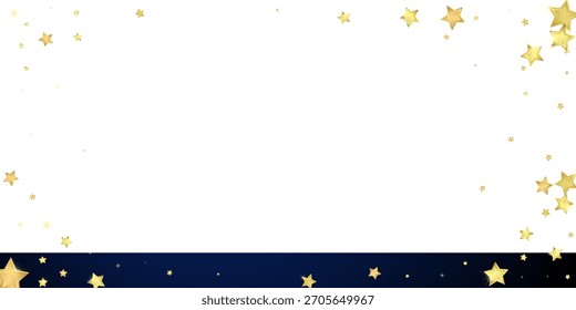 Superposición de Vector de estrellas mágicas.  Estrellas de oro esparcidas al azar, cayendo, flotando.  Caótica Plantilla infantil de ensueño. Vector mágico superpuesto sobre fondo azul oscuro.