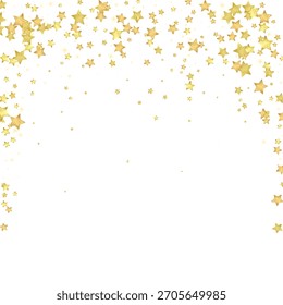 Superposición de Vector de estrellas mágicas.  Estrellas de oro esparcidas al azar, cayendo, flotando.  Caótica Plantilla infantil de ensueño. Cuento de hadas de Vector sobre fondo blanco.