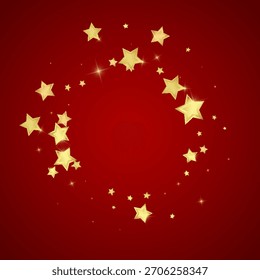 Superposición de Vector de estrellas mágicas.  Estrellas de oro esparcidas al azar, cayendo, flotando.  Caótica Plantilla infantil de ensueño. Cuento de hadas de Vector sobre fondo rojo.