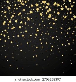 Magic stars vector overlay.  Gold stars scattered around randomly, falling down, floating.  Chaotic dreamy childish overlay template. Vector magic overlay  on black background.